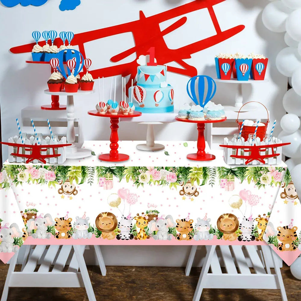 décoration anniversaire thème jungle animaux rose serviettes papier assiettes guirlande happy birthday nappe aquarelle