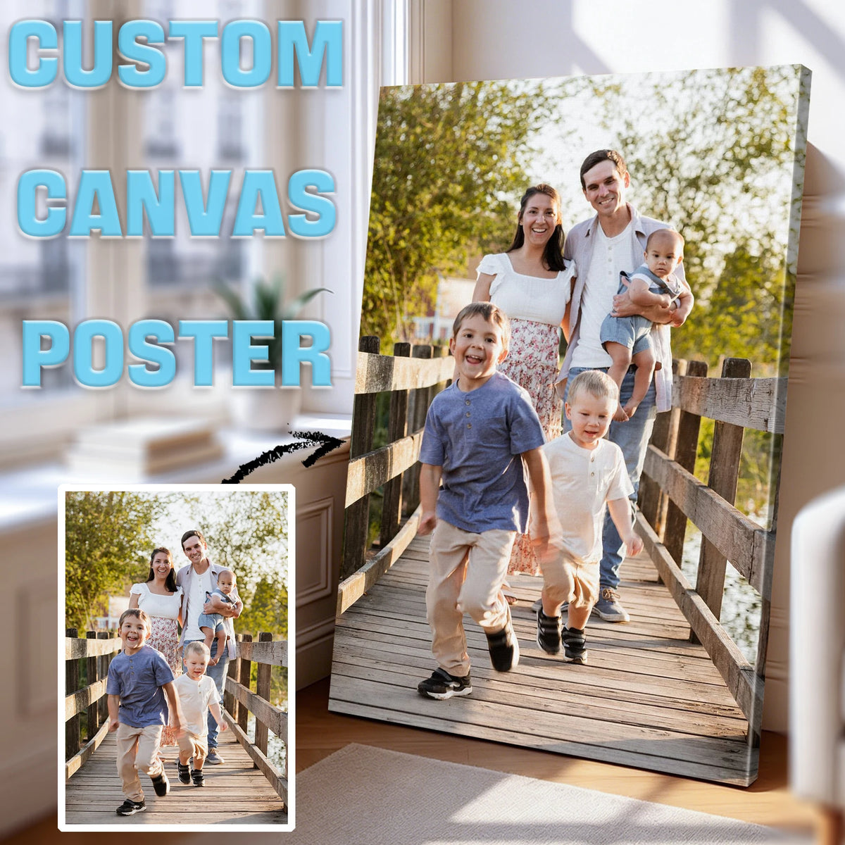 poster personnalisé toile photo famille pont bois décoration murale salon cuisine cadeau moderne