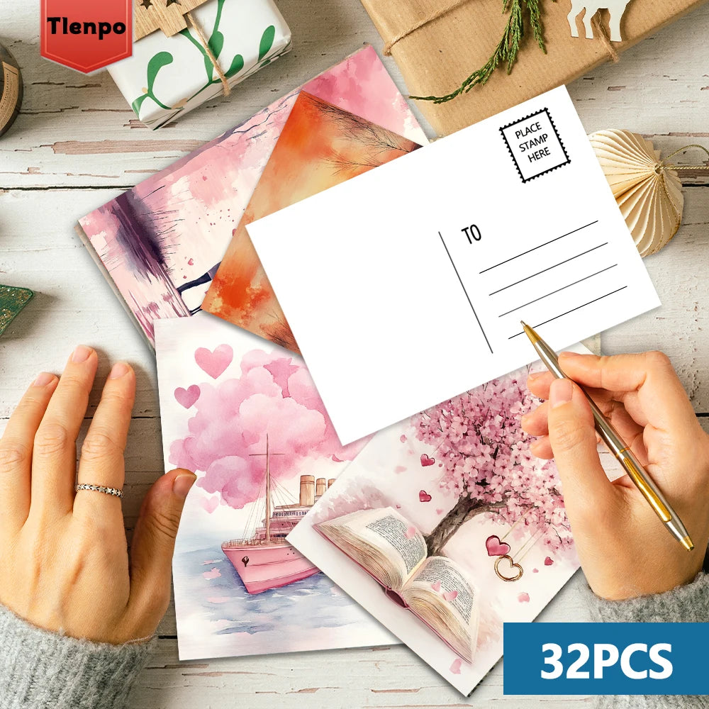 cartes postales aquarelle romantique coeurs montgolfières arbres paysages rose blanc gris vert