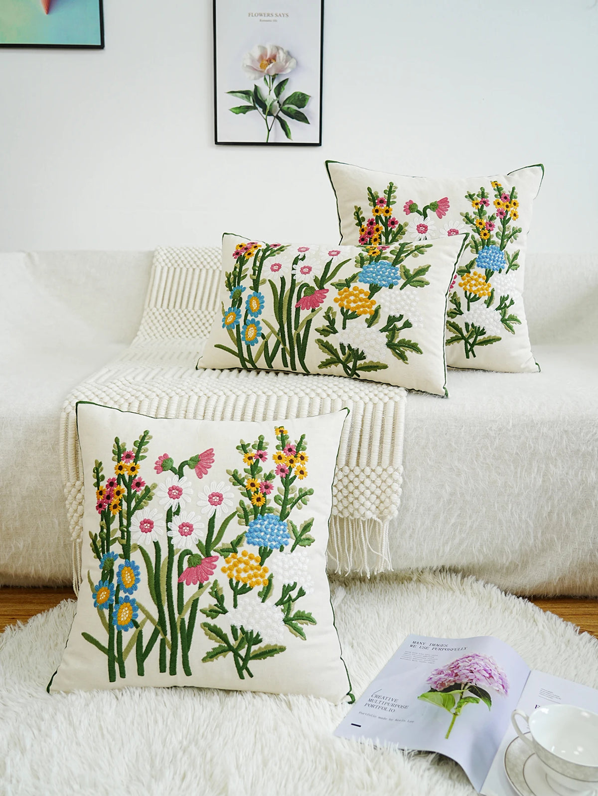 housse coussin brodée motif floral multicolore blanc décoratif adhésif traditionnel maison voiture