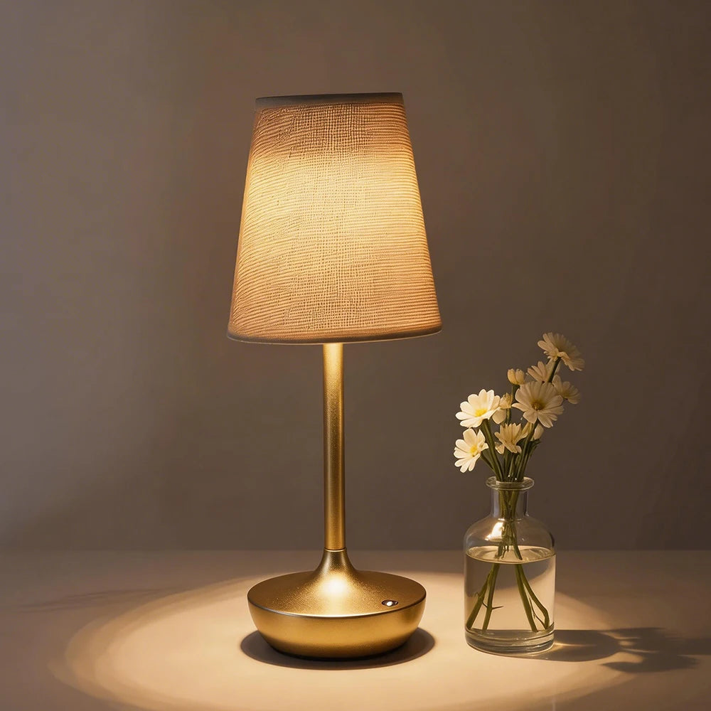 lampe chevet portable sans fil abatjour tissu texturé base marron abatjour crème controle tactile