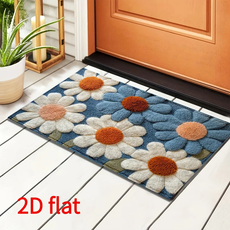 tapis moderne fleurs bleu blanc orange non glissant salon salle bain machine lavable