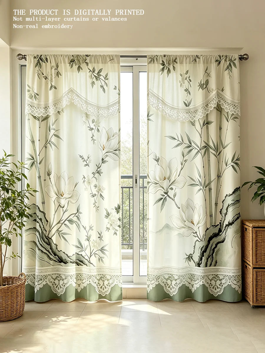 rideau imprimé fleurs feuilles dentelle semi transparent classique romantique salon anneaux métalliques polyester