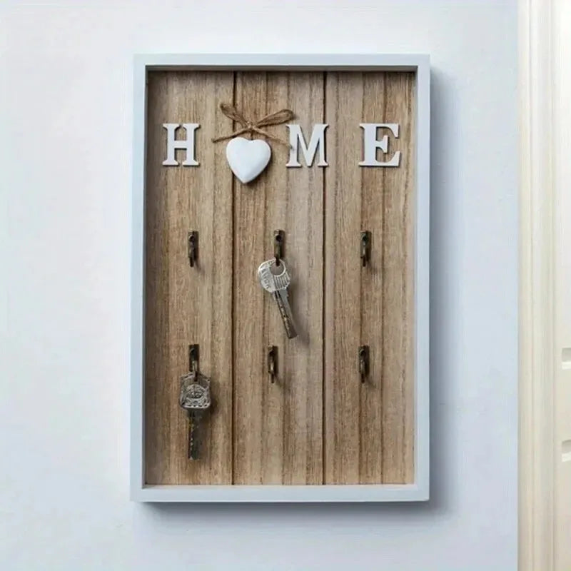porte clés mural rustique blanc texture bois cœur crochets métalliques vintage