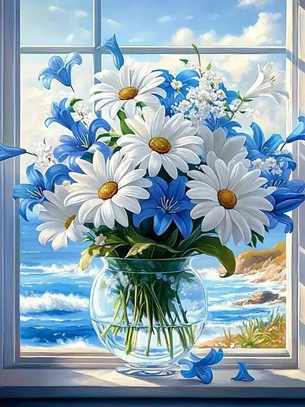 peinture diamant bouquet fleurs vase transparent feuilles vertes blanc bleu réaliste classique 30cm 40cm
