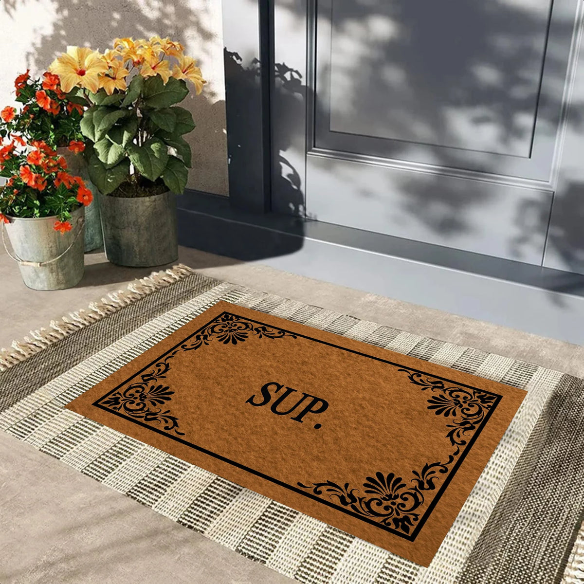tapis d'entrée marron clair motif floral antidérapant résistant corrosion classique 70x45cm
