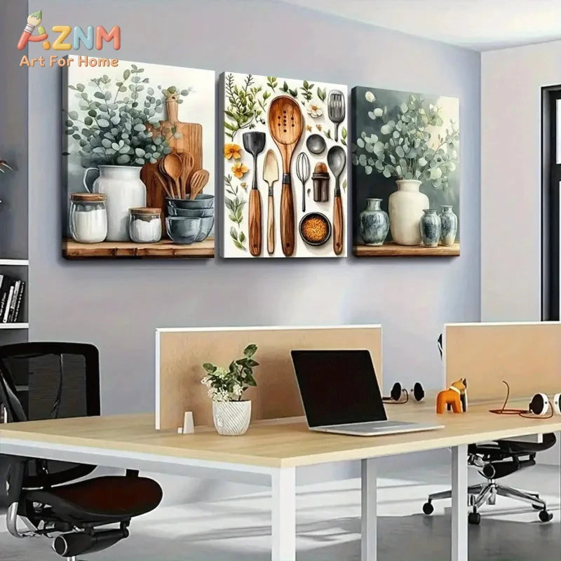 peinture murale fleurs ustensiles cuisine abstraite verte classique sans cadre decoration intérieure vert blanc