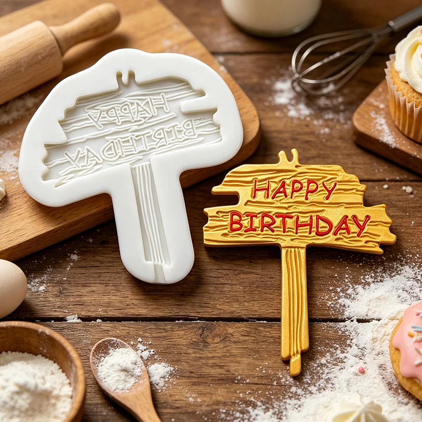 moule silicone happy birthday fondant cupcakes gâteaux décoration pâtisserie biscuits rustique