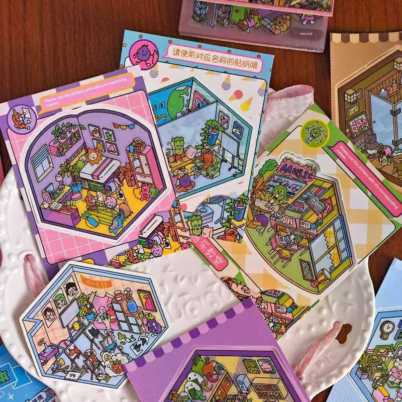stickers muraux 3d animés enfants rose bleu vert personnages meubles adhésifs chambre transparents