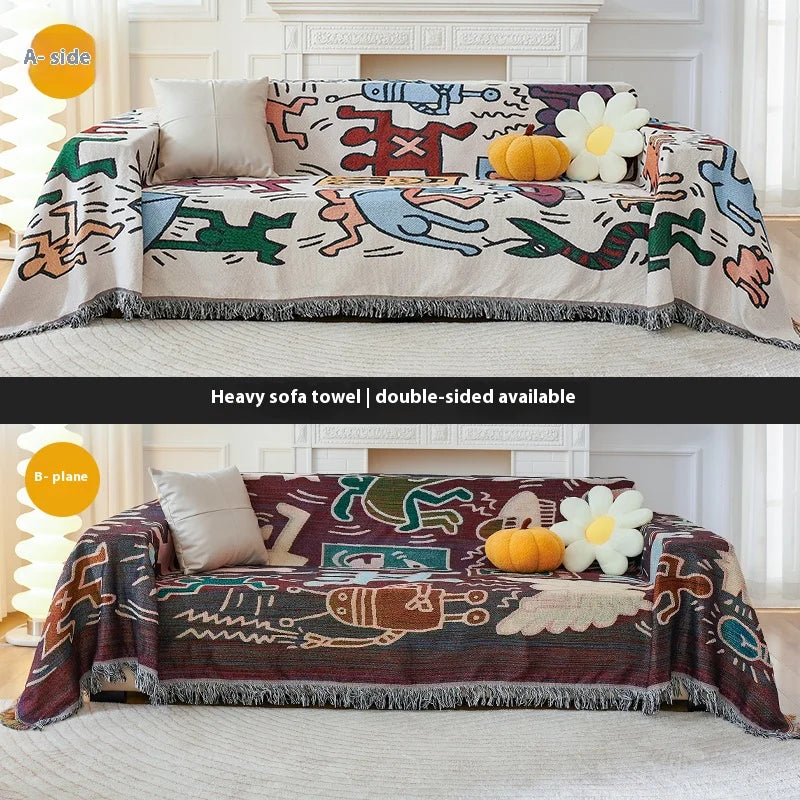 couverture canapé beige bleu marine orange motif jacquard ethnique extensible réversible machine automne hiver