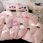 housse couette broderie nœuds rose noirs taies oreillers literie moderne chambre girly