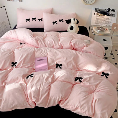 Housse de couette broderie nœud noir ensemble 3 pièces