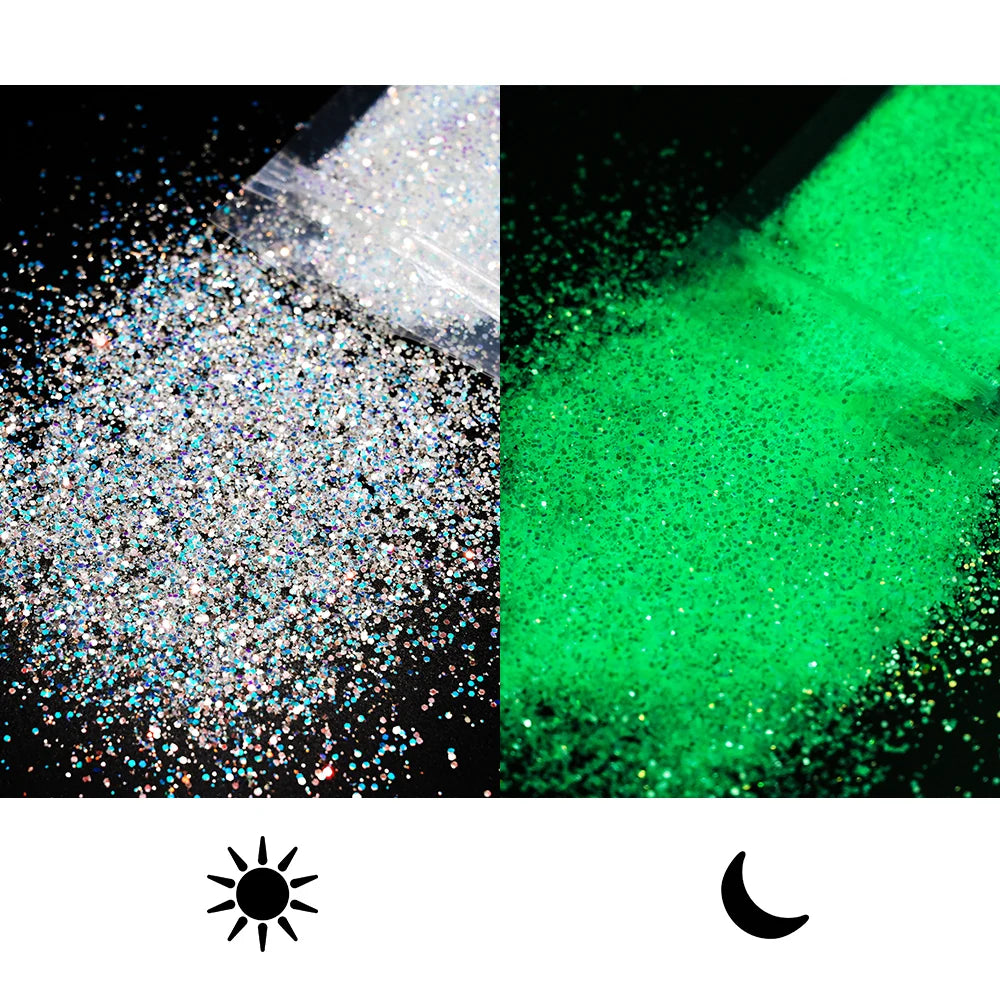 poudre fluorescente glow nuit 12 couleurs vert bleu orange rose moderne nail art vernis