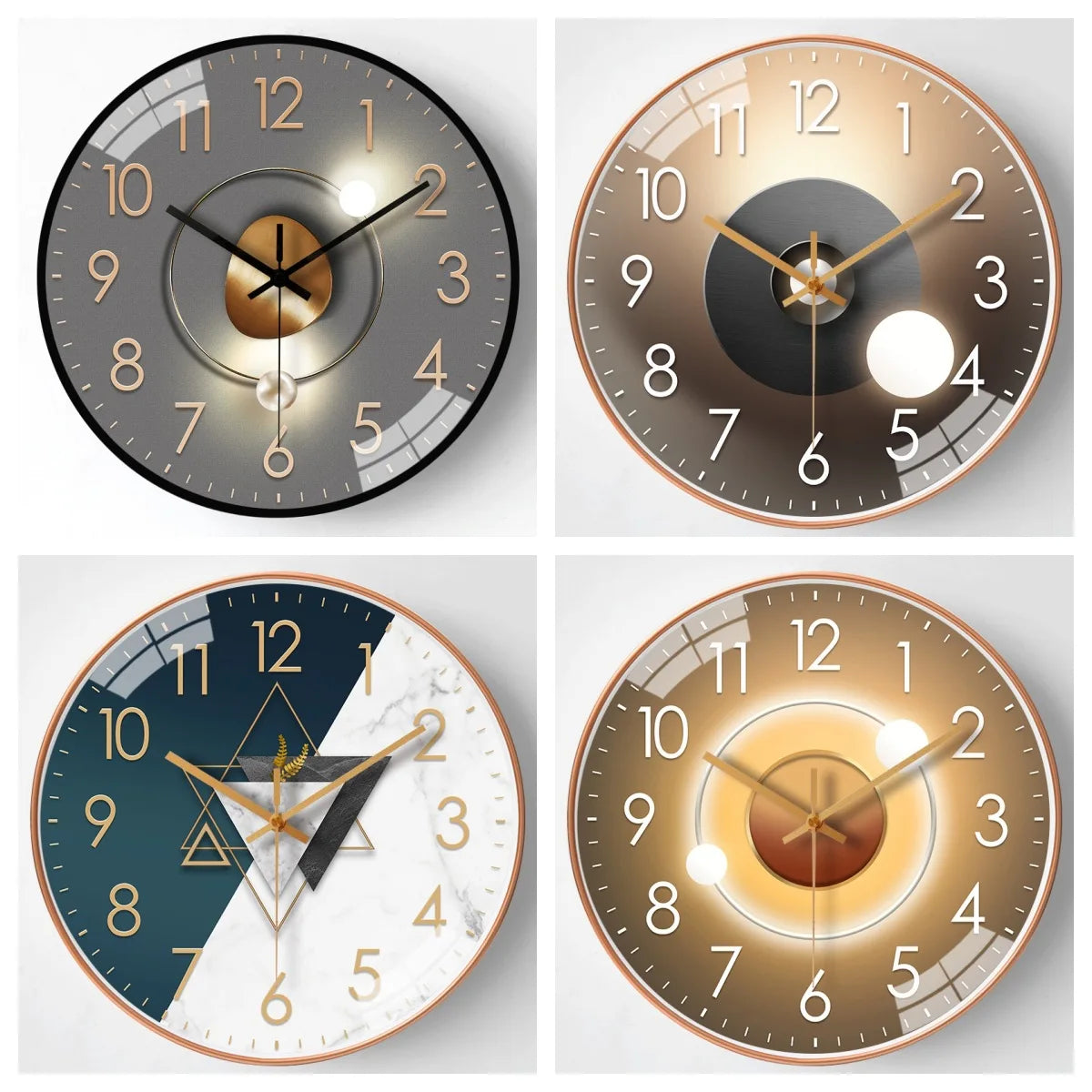 horloge murale moderne quartz aiguille dorée fond marron gris salon verre cristal
