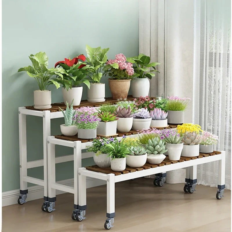 meuble plante roulettes blanc moderne niveaux métal bois pot fleur salon