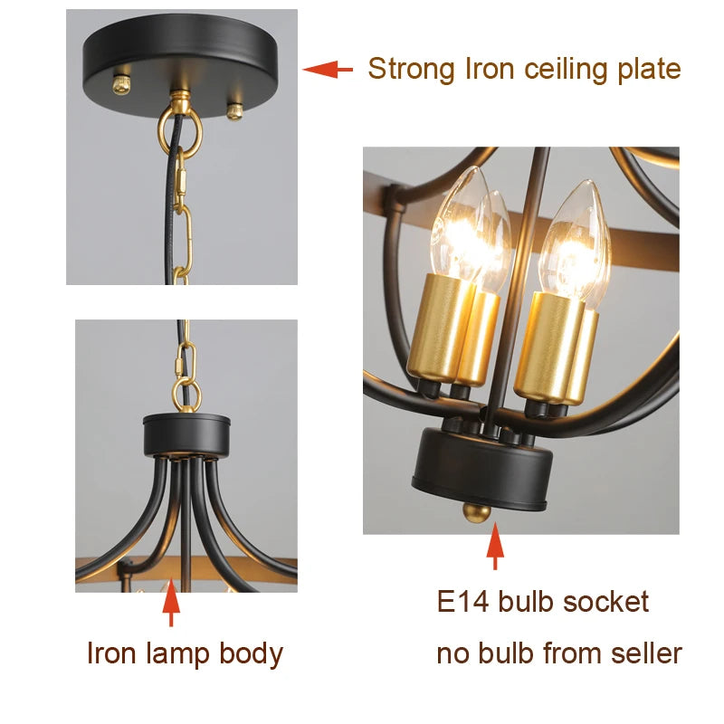 lampe suspendue industrielle noir doré structure métallique circulaire chambre salon étude