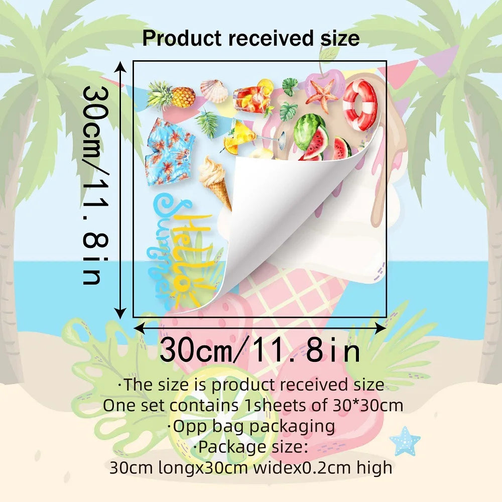 sticker mur illustration été fruits lunettes soleil chapeaux chaises longues 30cm x30cm multicolore adhésif