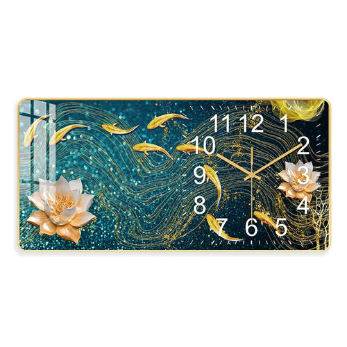 horloge murale moderne décorative motif abstrait poissons fleurs bleu doré blanc salon luxe