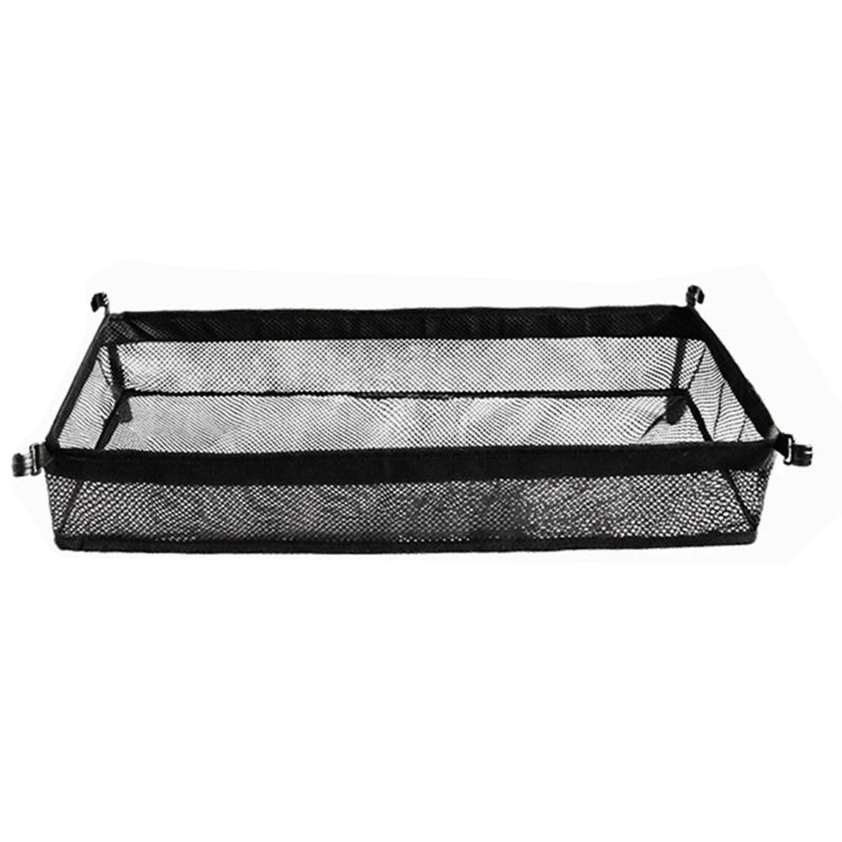 organisateur suspendu camping panier maille noir argenté jaune bleu métal suspensions casserole théière bols