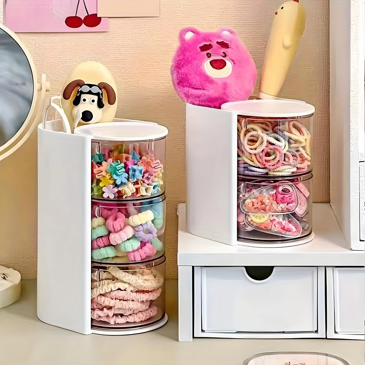 organisateur accessoires coiffure transparent blanc rose noir moderne elastiques pinces brosse cosmétiques rangement