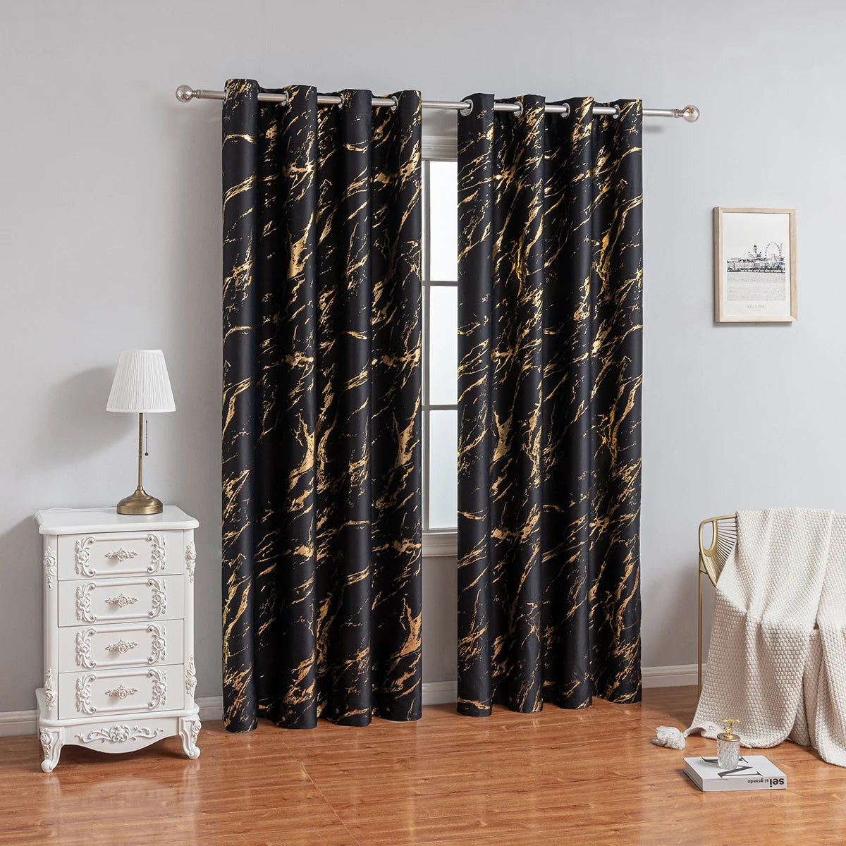 rideau occultant moderne noir or motif marbré anneaux salon chambre