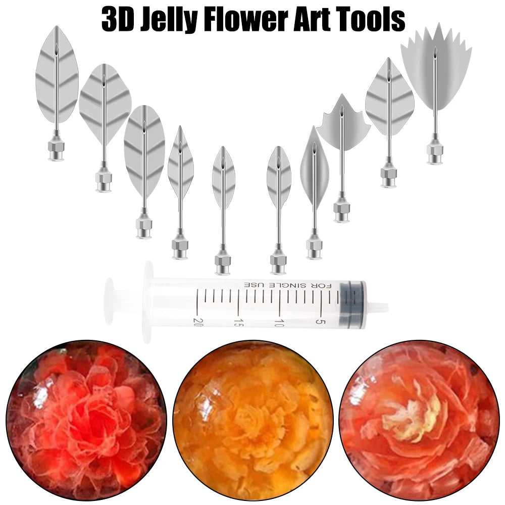 outils décorateurs desserts seringue feuilles plastique transparent graduations embouts métal argenté fleurs gelée