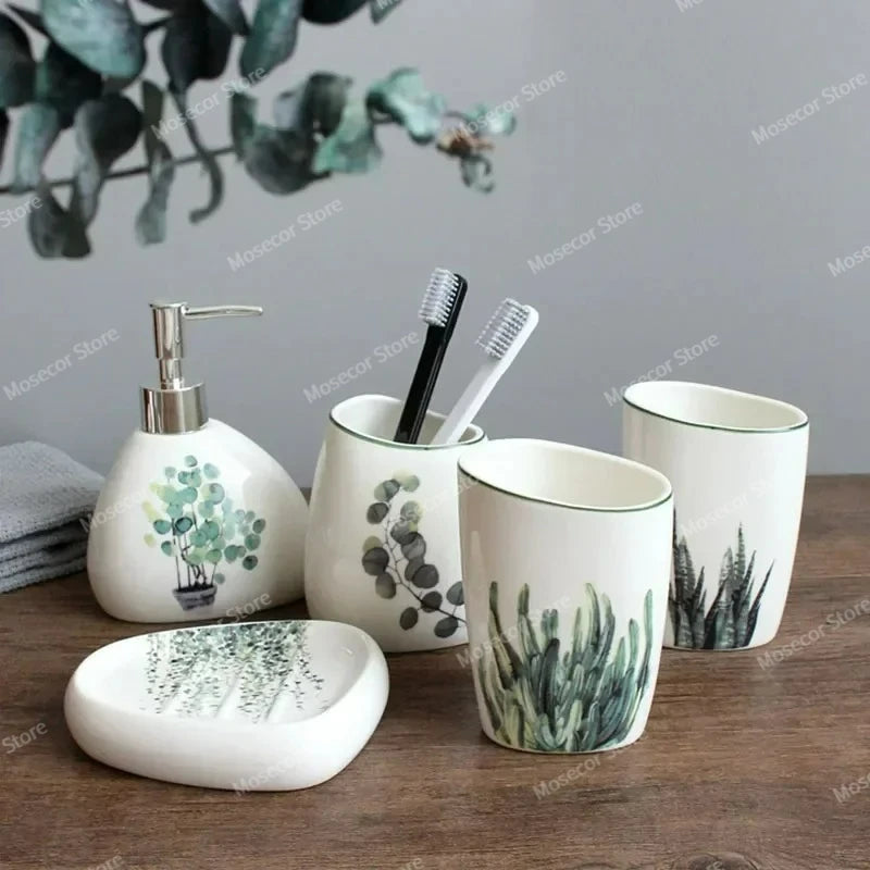 ensemble vaisselle salle bain blanc motifs floraux moderne distributeur savon tasses dents bol savon