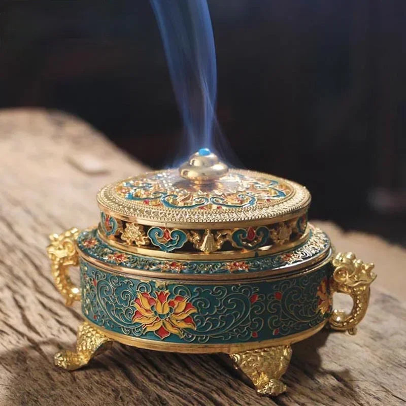 diffuseur d'encens cendrier floral bleu doré rouge jaune artisanal traditionnel motifs ornements