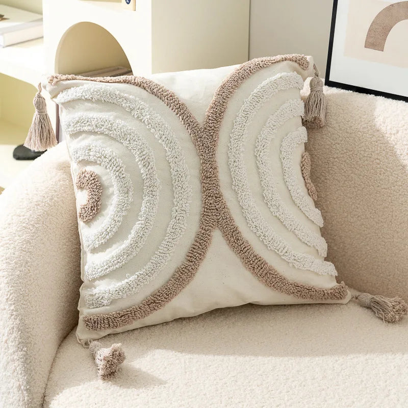 taies d'oreiller carrées 45x45cm moderne motifs géométriques blanc marron vert bleu beige tasseaux