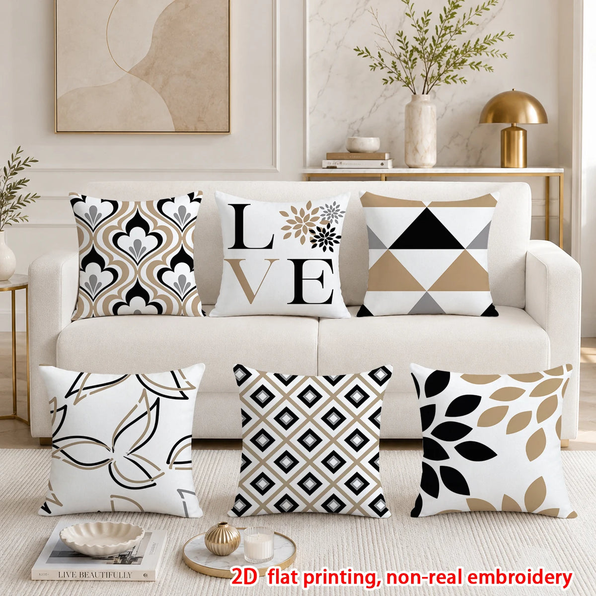 lot coussins décoratifs géométriques blanc noir beige canapé salon moderne polyester