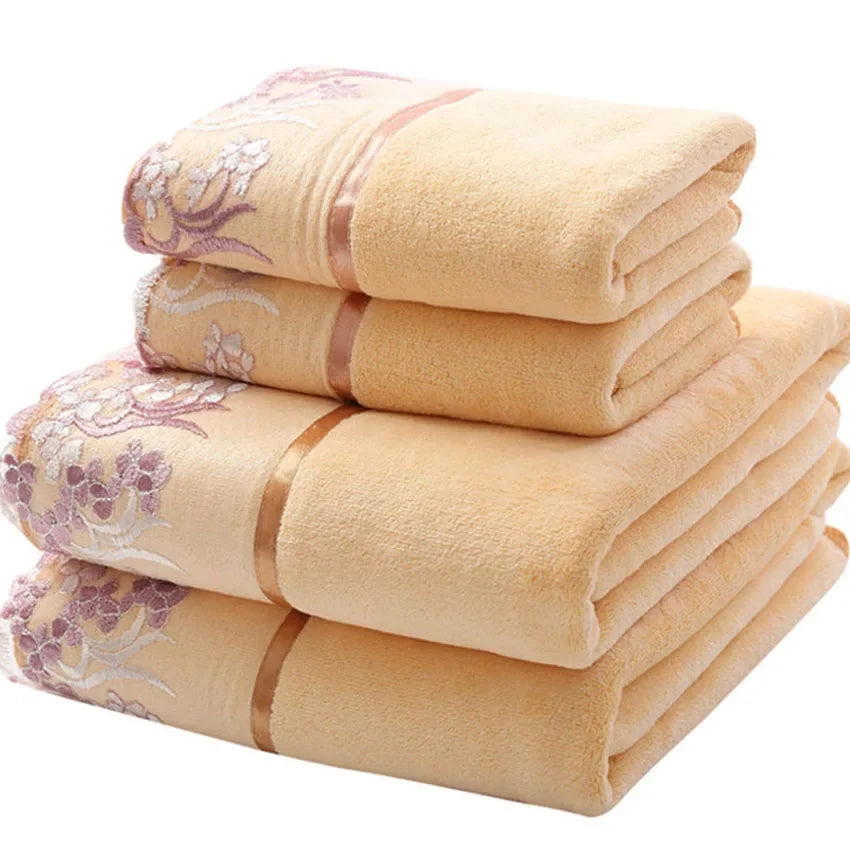 serviettes bain microfibre brodées fleurs dentelle beige rose bleu blanc rapide absorption familleétalement