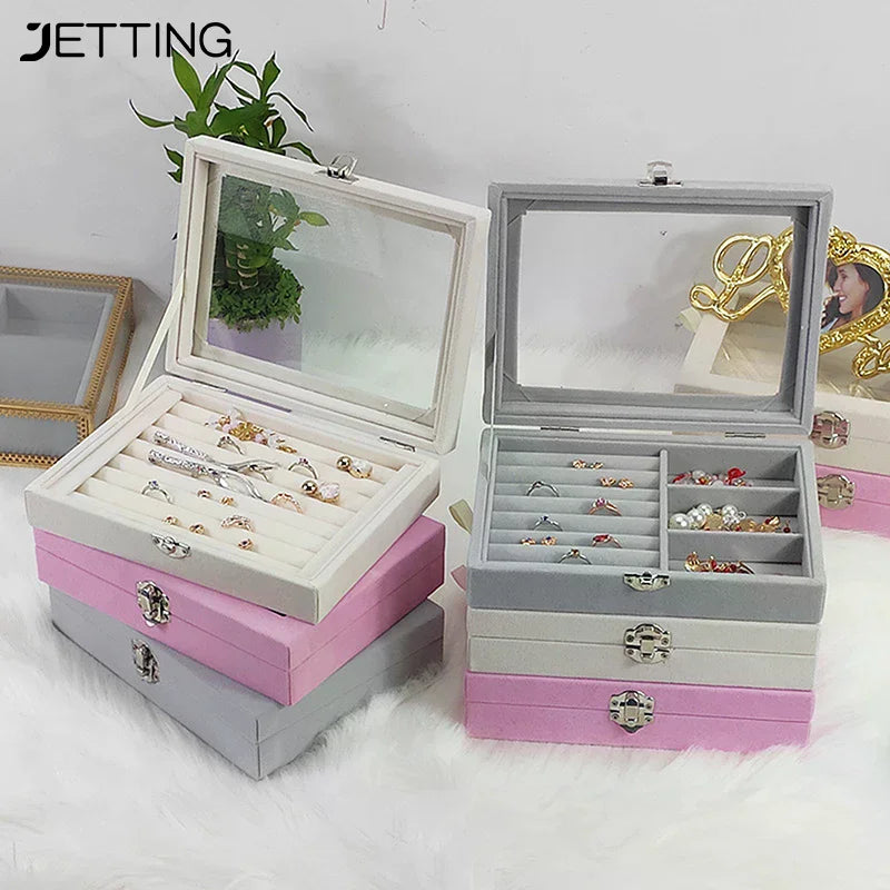 boîte bijoux velours transparent gris rose classique boutons pression rangement colliers bagues