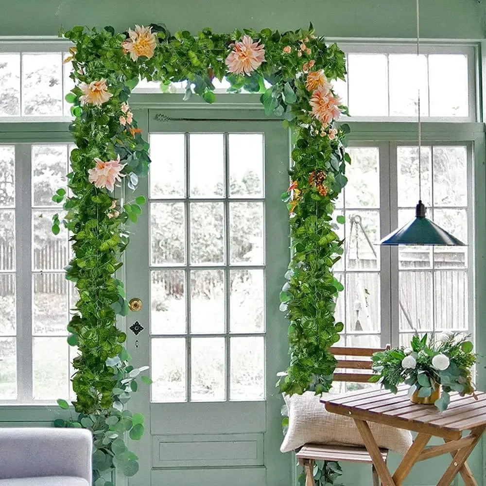 guirlande végétale artificielle feuilles vertes ovales moderne décoration extérieure maison jardin mariage fête