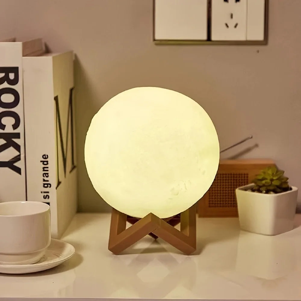 lampe table moderne veilleuse lune 3d blanc beige texture marbrée support bois chambre coucher
