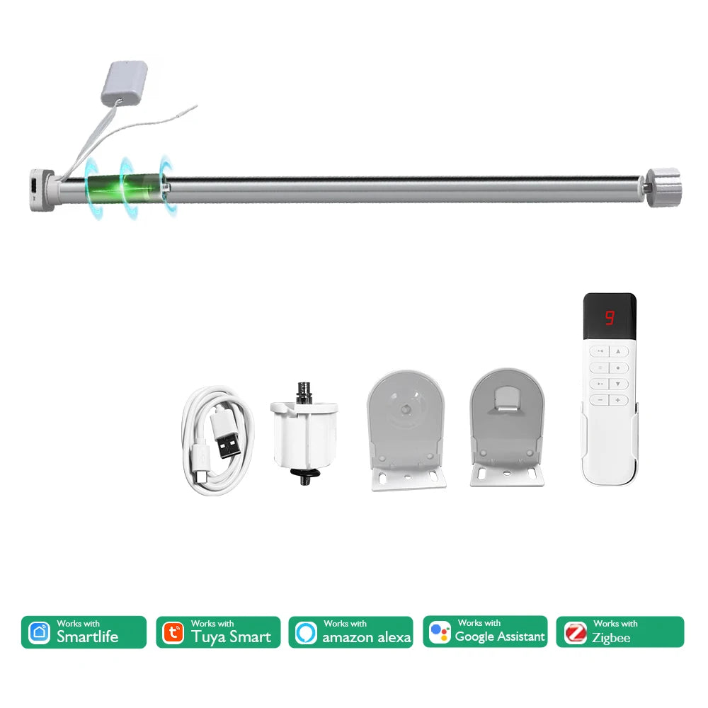 rideau motorisé argenté moderne clips rechargeable compatible google alexa tuya zigbee télécommande