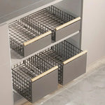 rangements métal pliables paniers maille fine gris moderne cuisine tringles poignées bois