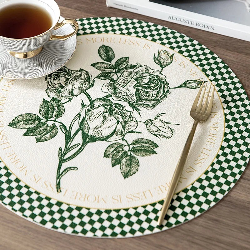 tapis table rond polyestère résistant chaleur décoration intérieure extérieure blanc vert fleurs feuilles papillons