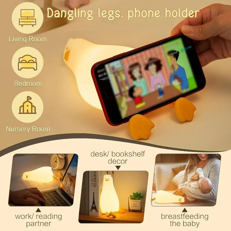 lampe table canard blanc jaune yeux noirs bec orange moderne veilleuse tactile silicone enfants