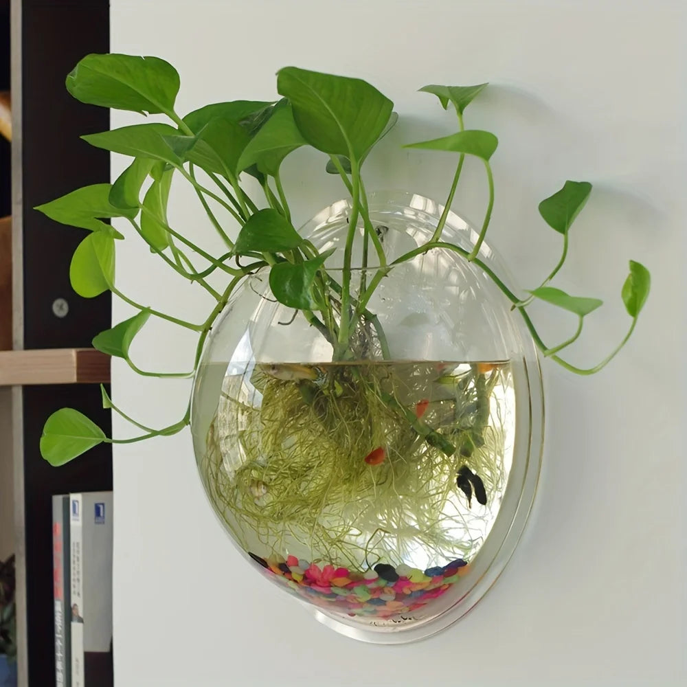 aquarium mural transparent moderne poissons plante galets colorés fixations suspension