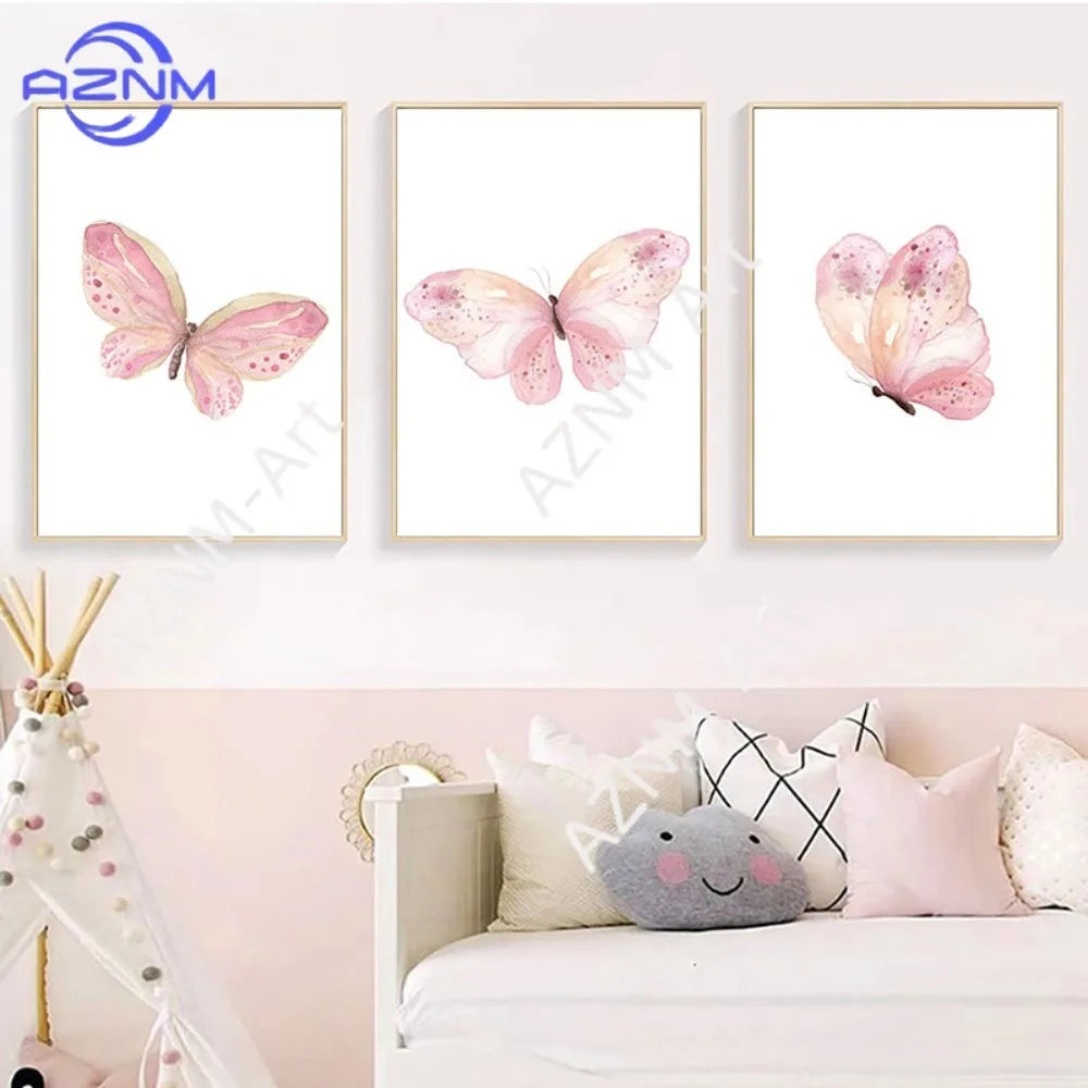 tableau peinture aquarelle papillon rose fleurs décoration chambre enfant cadre bois artiste