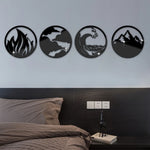 décoration murale moderne cercle argenté noir doré feu nuages vague montagnes 20x20cm