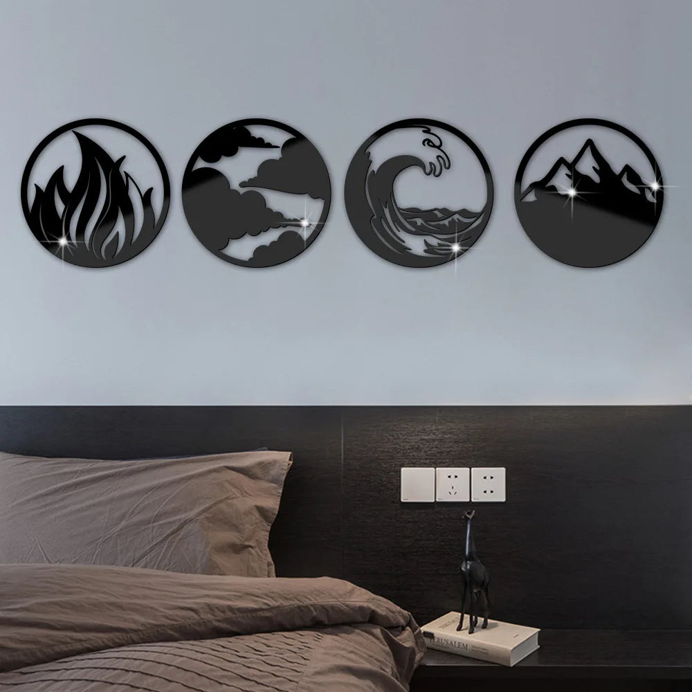décoration murale moderne cercle argenté noir doré feu nuages vague montagnes 20x20cm