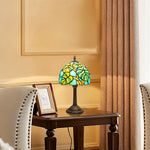 lampe table tiffany feuilles stylisées verre teinté vert bleu jaune brun mosaïque vitrail moderne