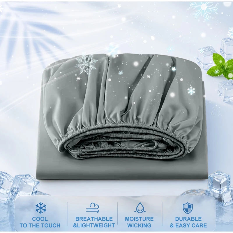 drap housse matelas soie glacée respirant frais été doux coton uni bleu gris moderne