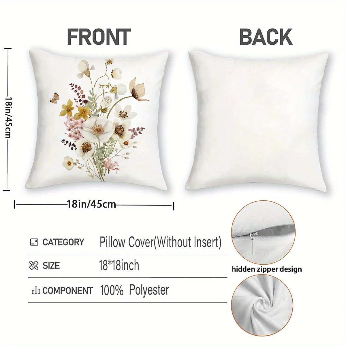taies d'oreiller imprimées motif floral papillons moderne polyester blanc zip 40x40cm 45x45cm 50x50cm 60x60cm