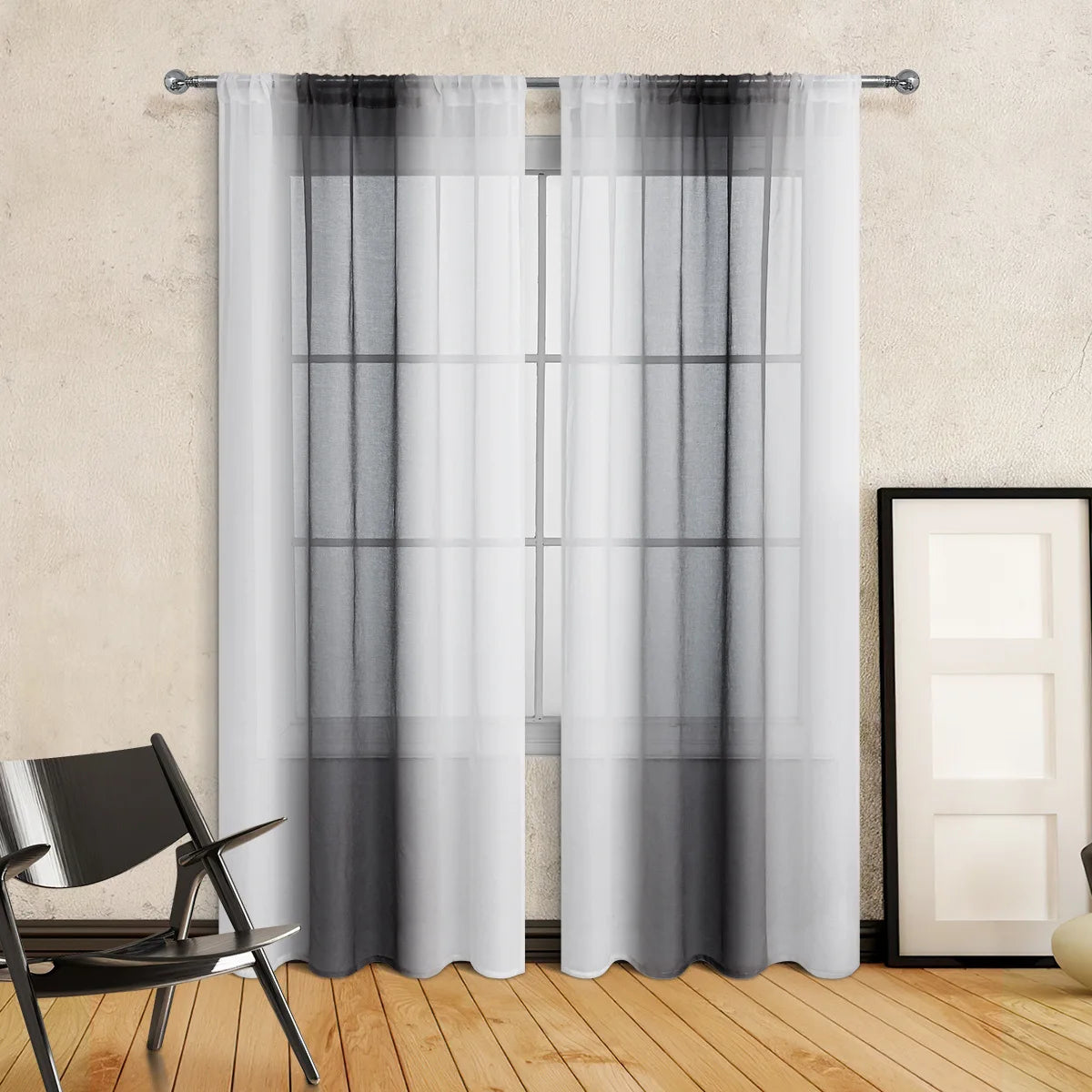 rideau gris blanc moderne translucide tissu lin coton carreaux panneaux chambre salon