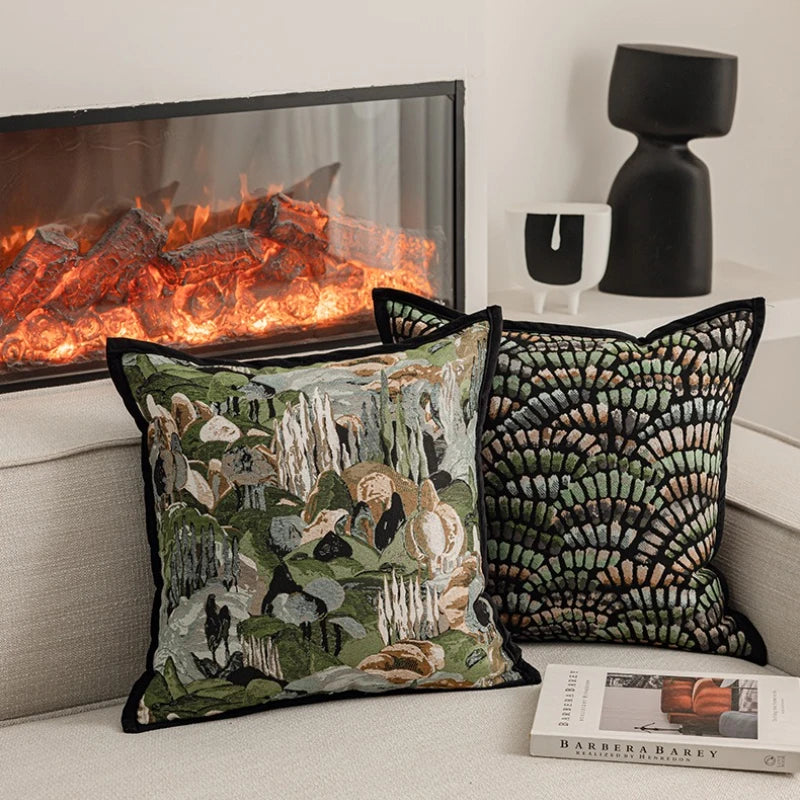 housse coussin jacquard motif forêt tropicale noir vert beige blanc décor maison voiture 45x45cm