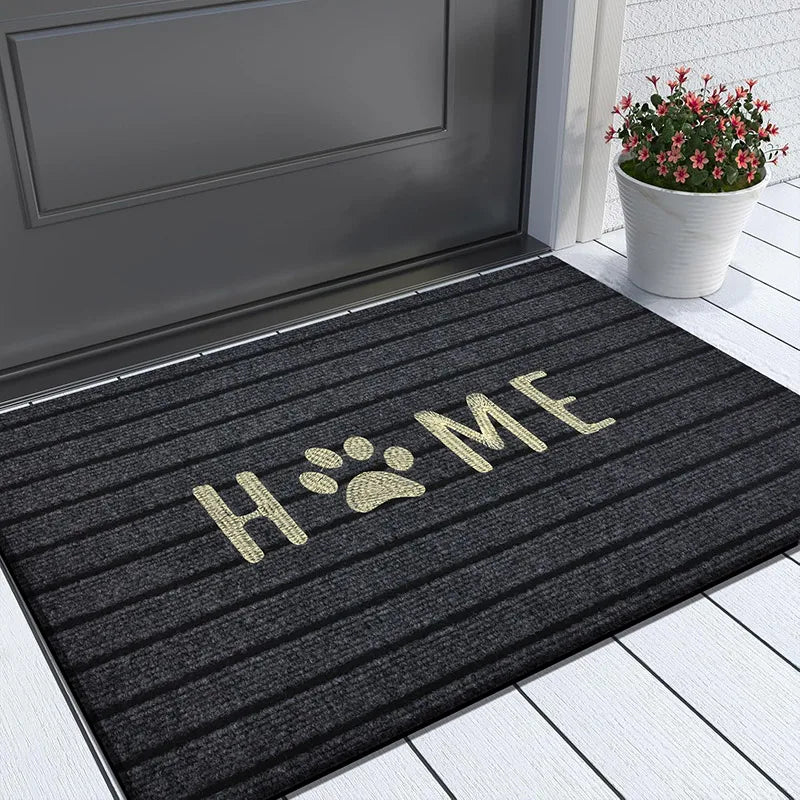 tapis d'entrée noir rayures horizontales broderie dorée moderne antidérapant