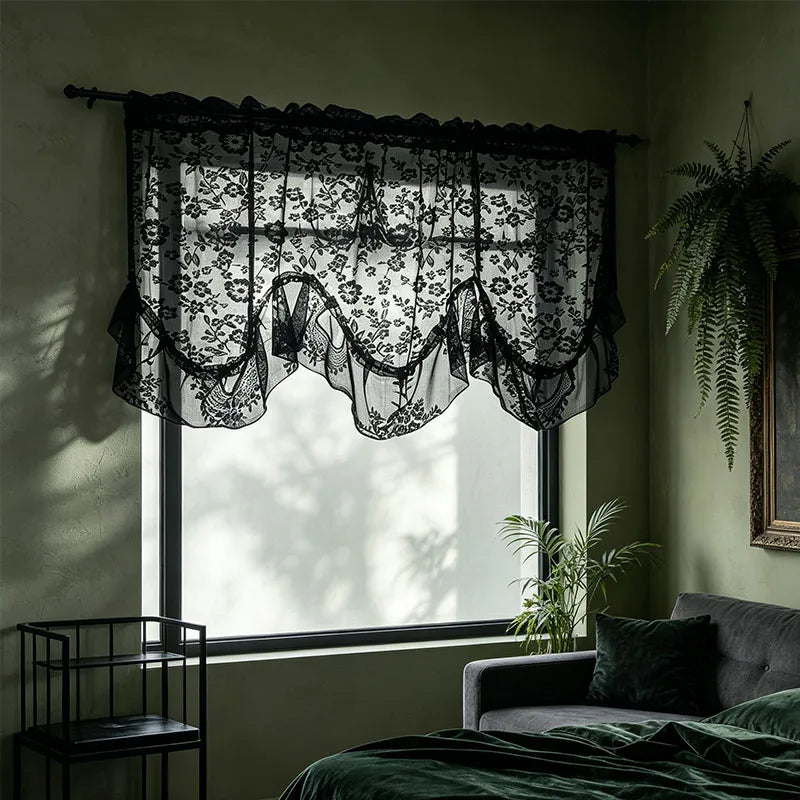 rideau floral transparent noir blanc classique dentelle brodée 130cmx60cm