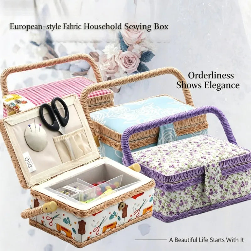 boîte couture rose clair rangement couture tissu imprimé poignée bois sac aiguilles européen doré